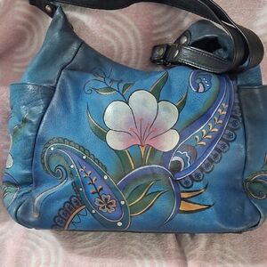 Anuschka Blue Floral Leather Shoulder Bag  large $75.